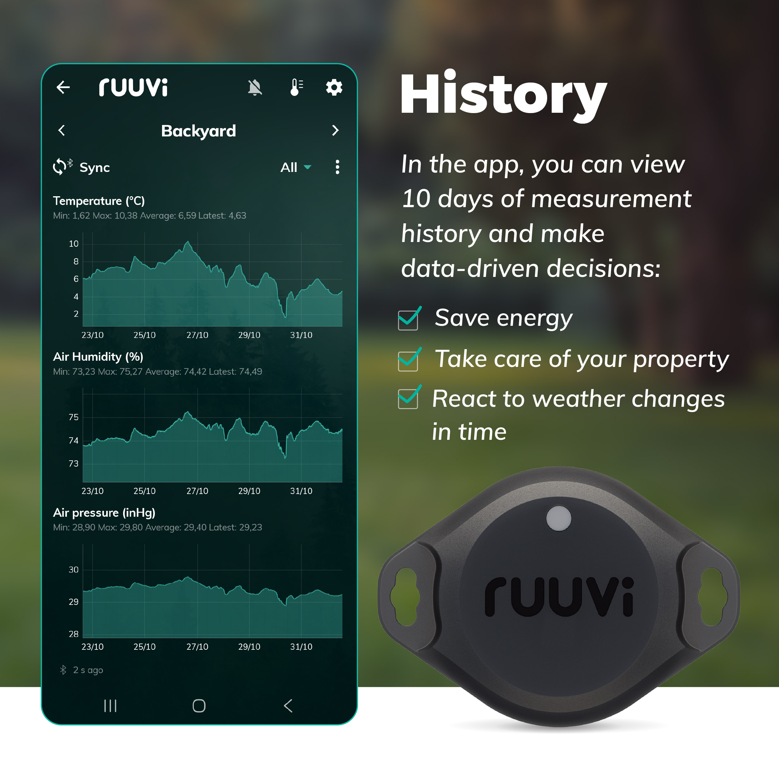 RuuviTag Pro 4in1 history graph in Ruuvi app