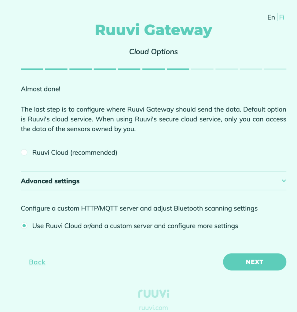 Ruuvi Gateway configuration wizard. You have the option to either send data to Ruuvi Cloud or to your own private server.