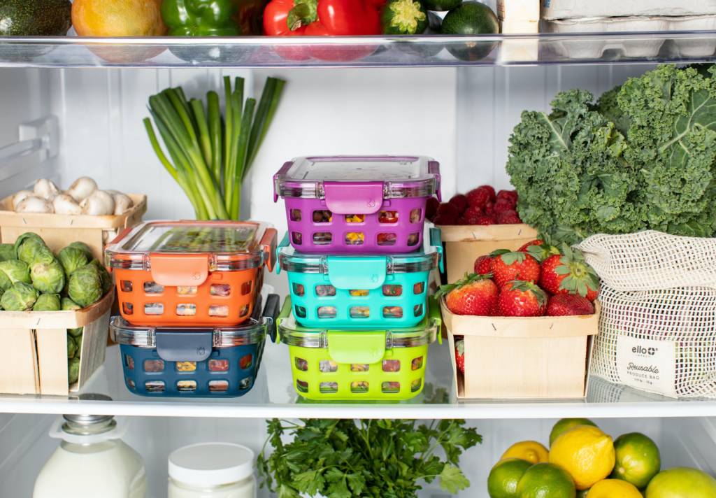 Food stored in a fridge. Fridge contains them fresh and safe to eat.