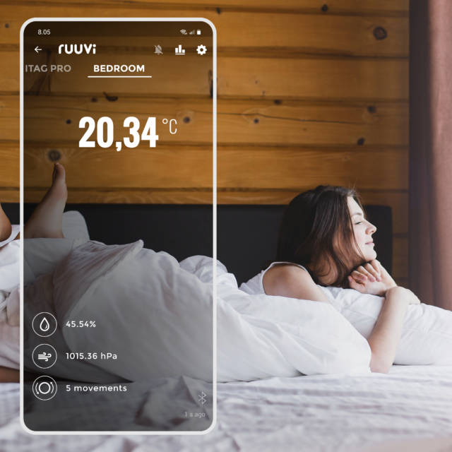 Woman relaxing on a bed with bedroom temperature sensor