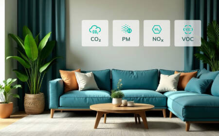 A modern living room with a teal sofa and green plants, overlaid with icons for CO₂, PM2.5, NOₓ, and VOC air quality sensors.