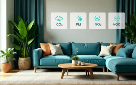A modern living room with a teal sofa and green plants, overlaid with icons for CO₂, PM2.5, NOₓ, and VOC air quality sensors.