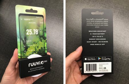 The RuuviTag in its original packaging