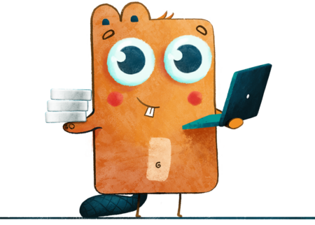 Ruuvi mascot with laptop